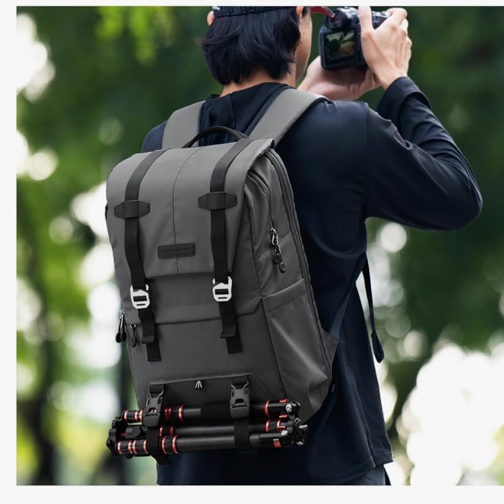 Gray Travel Camera Backpack with Tripod Straps